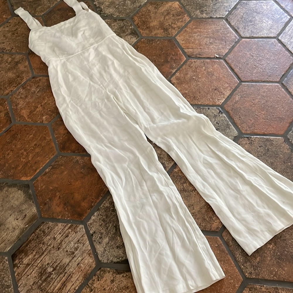 Forever21 flair overall jumpsuit creme rayon Bibb overall flair leg slacks L